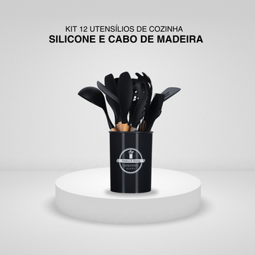 Kit 12 Utensílios de Cozinha - Silicone e Cabo de Madeira