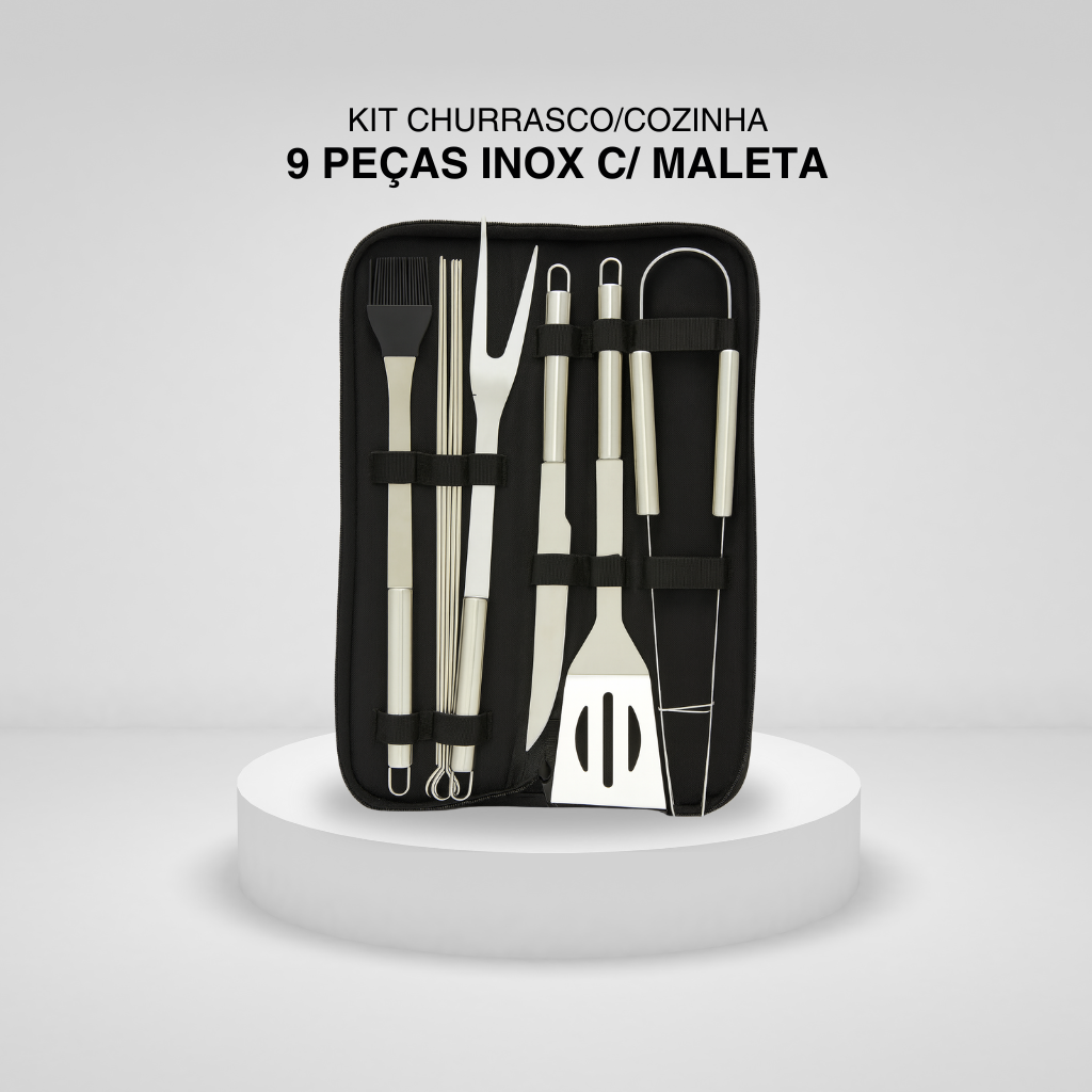Kit Churrasco/Cozinha 9 Peças Inox C/ Maleta
