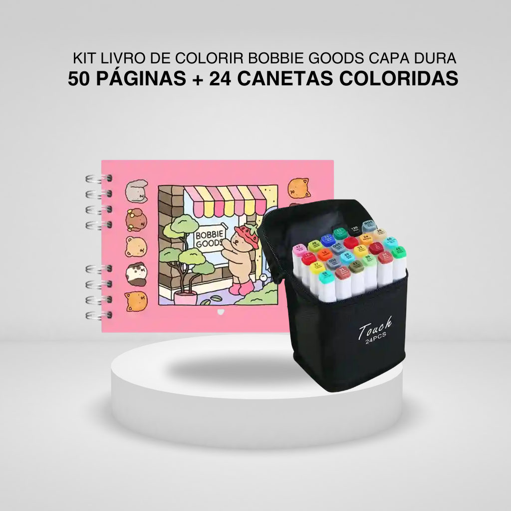 Kit Livro de Colorir Bobbie Goods Capa Dura 50 páginas + 24 Canetas Coloridas