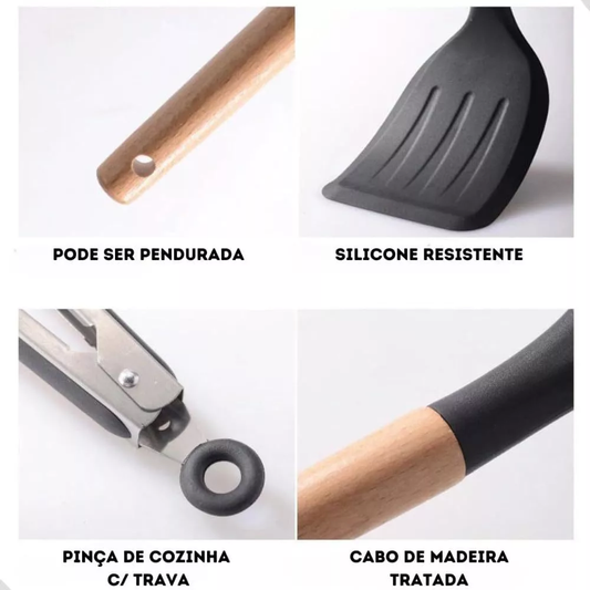 Utensílios de Cozinha 12Pçs - Silicone e Cabo de Madeira